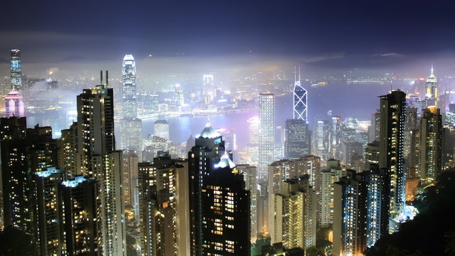 Time lapse Hong Kong skyline from famous Peak View at night