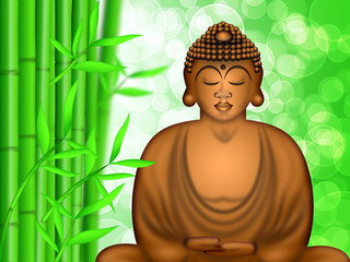 Zen Buddha Meditating by Bamboo Forest Background
