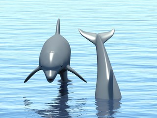Two dolphins floating in ocean.