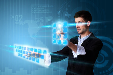 Man pressing modern touch screen buttons with a blue technology