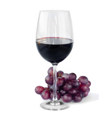 Red wine and grapes isolated on white background