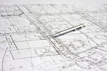 ołówek na białym planie budowy architektonicznym - obrazy, fototapety, plakaty