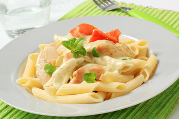 Pasta, chicken meat and cream sauce