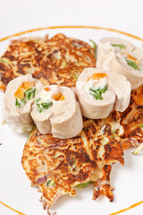 vegetable pancakes with chicken fillet