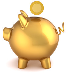 Piggy bank luxury golden with coin over it. Donate help payment