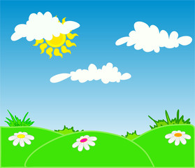 spring landscape with green grass and blue sky
