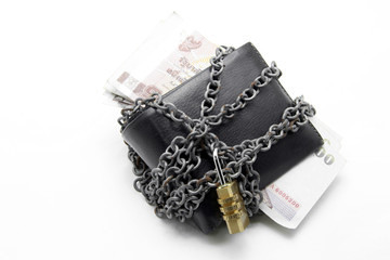 black leather wallet with numeric pad lock and thai banknote