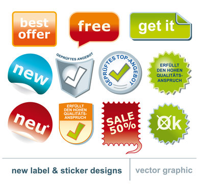 Kollektion von Labeln, Siegeln, Buttons und Stickern - ein Set f&uuml;r die Auszeichnung von Waren als Vektorgrafik Illustration