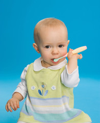 baby brushing teeth - obrazy, fototapety, plakaty