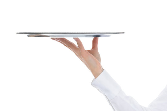 Waiter Holding Empty Silver Tray