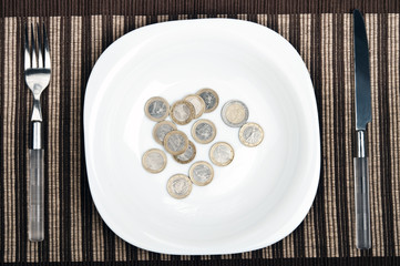 Coins on food plate