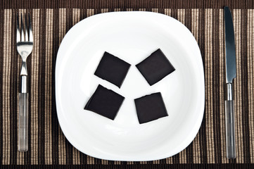 Chocolate pieces on food plate