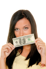 Frau mit Dollar Geldscheinen