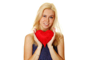 Young woman holding red heart