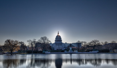 Sunrise behind the dome of the Capitol in DC