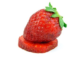 A single strawberry sitting on a slice. White background