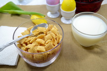 Easter Breakfast of cereal and Colored Eggs