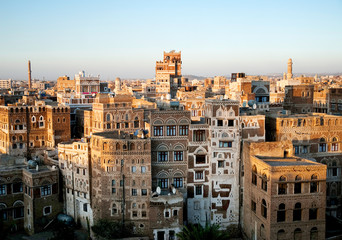 Fototapeta na wymiar sanaa old town sunset city view yemen traditional architecture