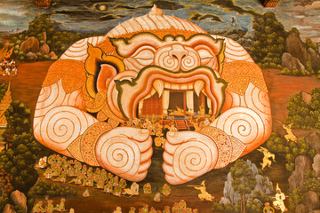 Masterpiece of traditional Thai style painting art on temple wal