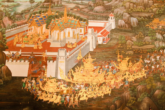 Masterpiece of traditional Thai style painting art on temple wal