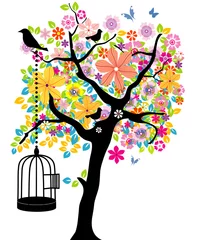 Zelfklevend Fotobehang Vogels in kooien Bloeiende boom met kooi