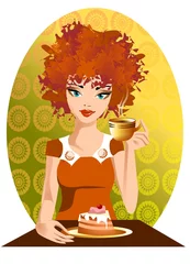 Papier Peint photo Inspiration picturale Avec un gâteau. Illustration d& 39 une femme avec café et gâteau.