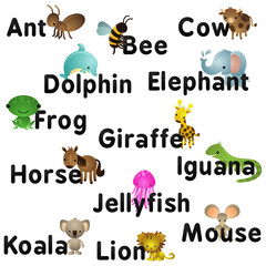 A-Z english, animals, black letters, names part 1