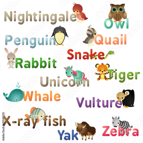 Tiere Auf Englisch Von A Bis Z "A-Z english, animals, colorful letters, names part 2" Stock image and
