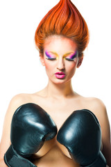 girl with multi boxing gloves on isolated white