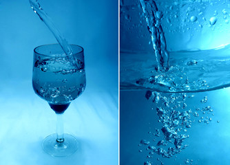 et of water and a glass goblet on a blue background