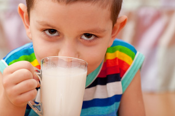 Closeup portrait of a little boy drinking milk