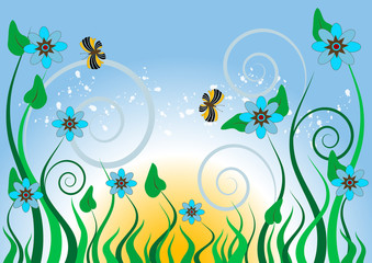 Blue flowers and butterflies.Background.Wallpaper.