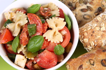 Salad - farfalle, tomato, salami, pepper, mozzarella and rolls