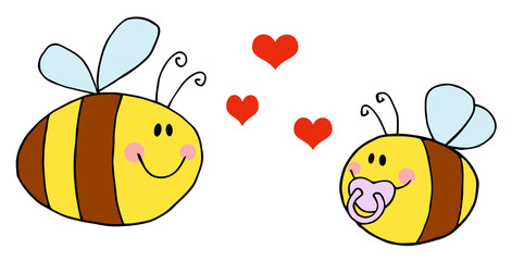 Mother Bee Flying With Baby Bee and Red Hearts