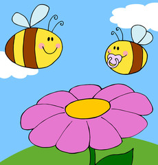 Mother Bee Flying With Baby Bee Over Flower Background