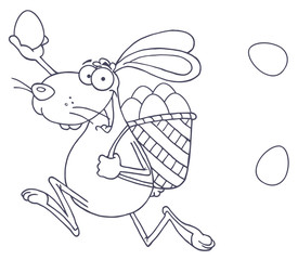 Outlined Happy Easter Rabbit Running With A Basket And Egg