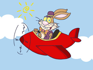 Lapin de Pâques volant avec un avion dans le ciel