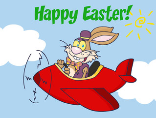 Happy Easter Greeting From Rabbit Flying With Plane