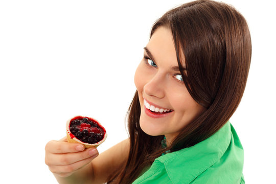 Teen Girl Eating Berry Cake Isolated On White