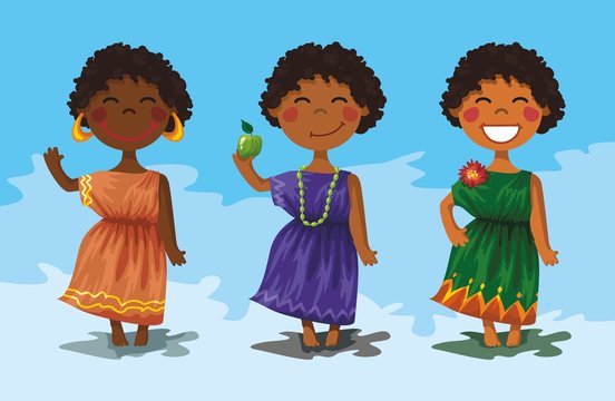 3 африканские девочки в ярких платьях. персонажи