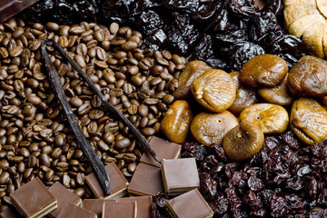 dried fruit with chocolate and coffee beans