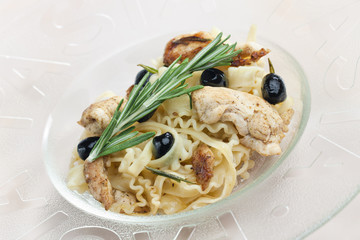 pasta with turkey meat on rosemary
