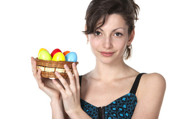 Portrait of youngl female holding basket with Easter eggs