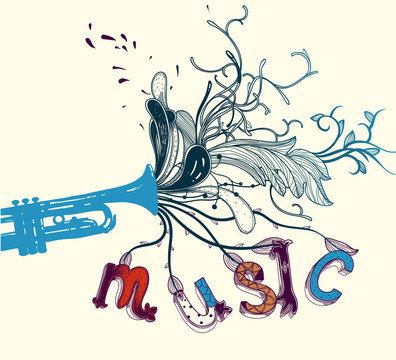 vector bright  trumpet with hand drawn abstract plants