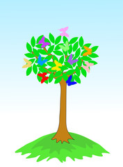 Beauty spring vector tree with butterflies and green leaves