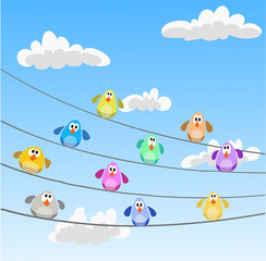 flock of multicolor birds sitting on wires