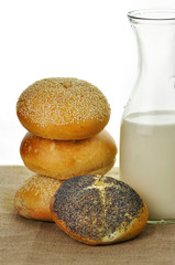 milk bottle  and fresh rolls