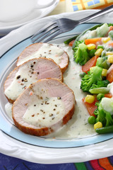 Pork meat with vegetables and sauce