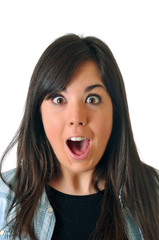 Young brown woman is surprised on white background