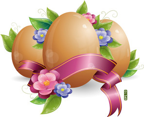 Easter egg with green leaves and flowers, eps-10